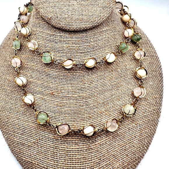 Vintage Long Quartz Necklace Caged Gemstone Semi-Precious Pastel Pink Green - Picture 3 of 7